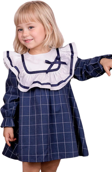 Toddler Girls Vintage Plaid Dress | Soft Cotton Princess Ruffle Dress with Bow | Long Sleeve Fall Heirloom Outfit