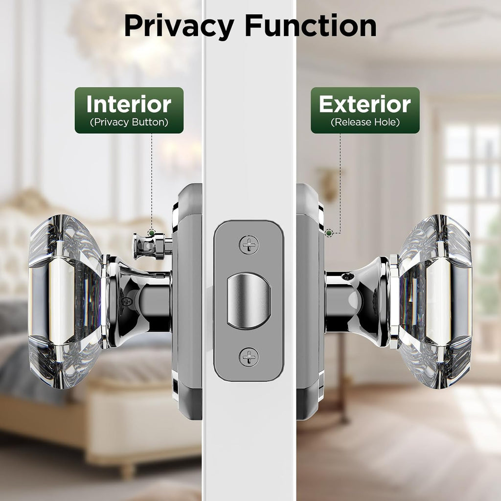 1 Pack Glass Door Knob, Octagon Shaped Crystal Door Knobs with Lock, Polished Chrome Door Knobs Interior Glass