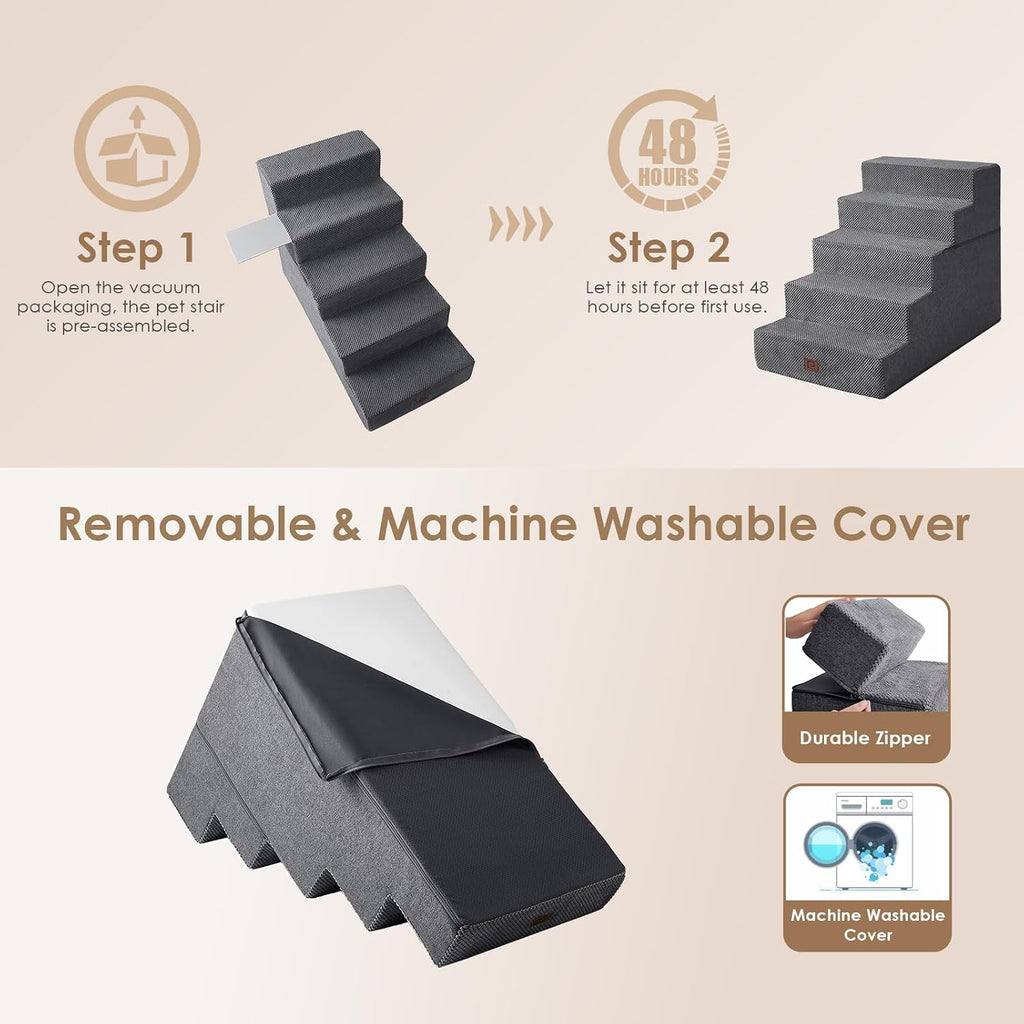 Dog Stairs for High Bed 25" H, Extra Wide Dog 5-Step, Grey