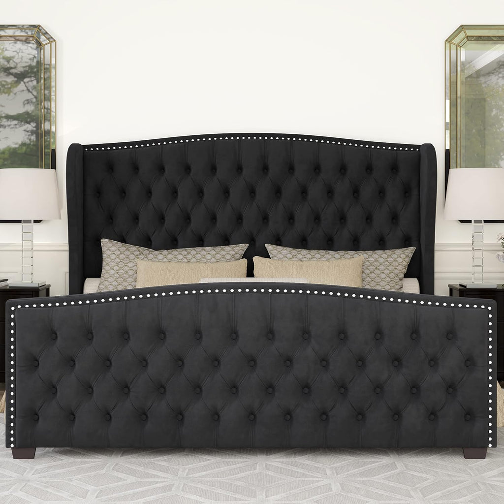 Queen Platform Bed Frame, Velvet Upholstered Bed with Deep Button Tufted & Nailhead Trim Wingback Headboard/No Box