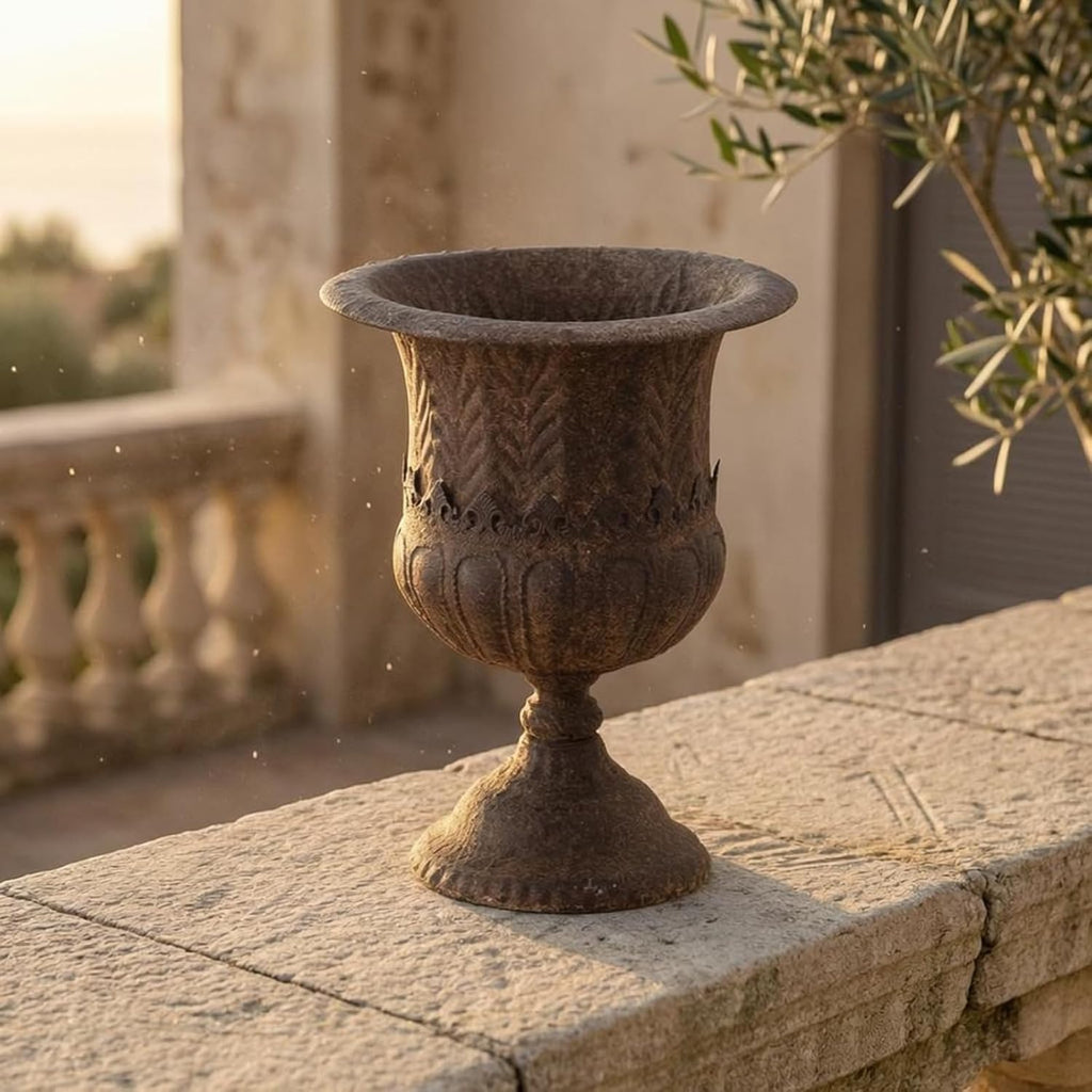 Outdoor Trophy Planter Urn Planter Vase Pedestal Pot Iron Construction with Embossed Banding and Distressed Finish
