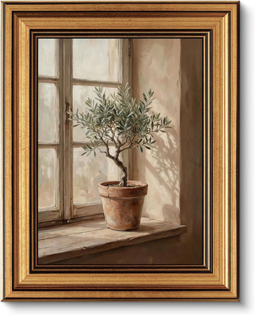 Gold Framed Wall Art, Vintage Olive Tree Canvas Prints - Farmhouse Mediterranean Window Botanical Pictures Decor