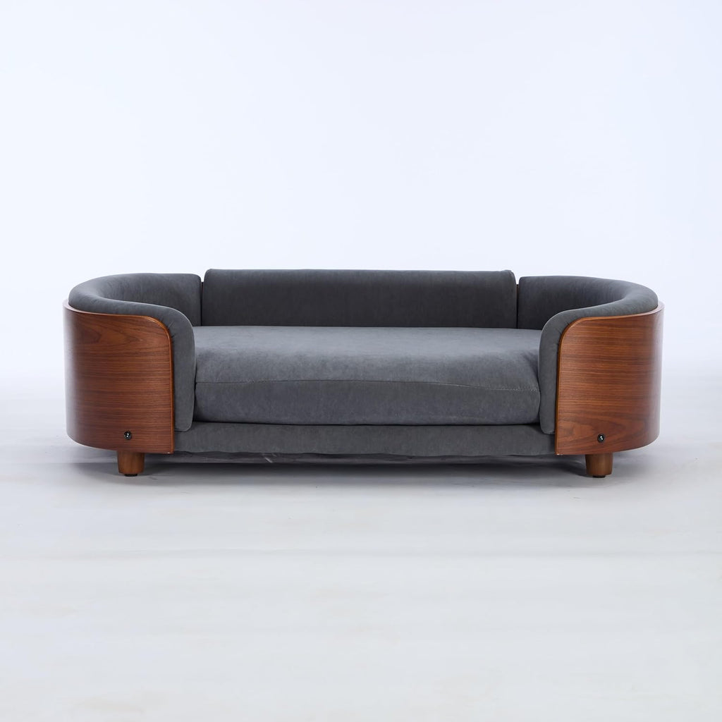 Scandinavian Style Elevated Dog Bed Pet Sofa with Solid Wood Legs and Bent Wood Back, Velvet Cushion, Large Size