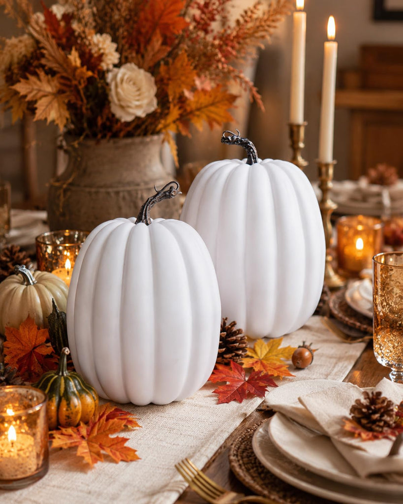2 Pack 8 Inch Large White Artificial Pumpkins for Fall Decor