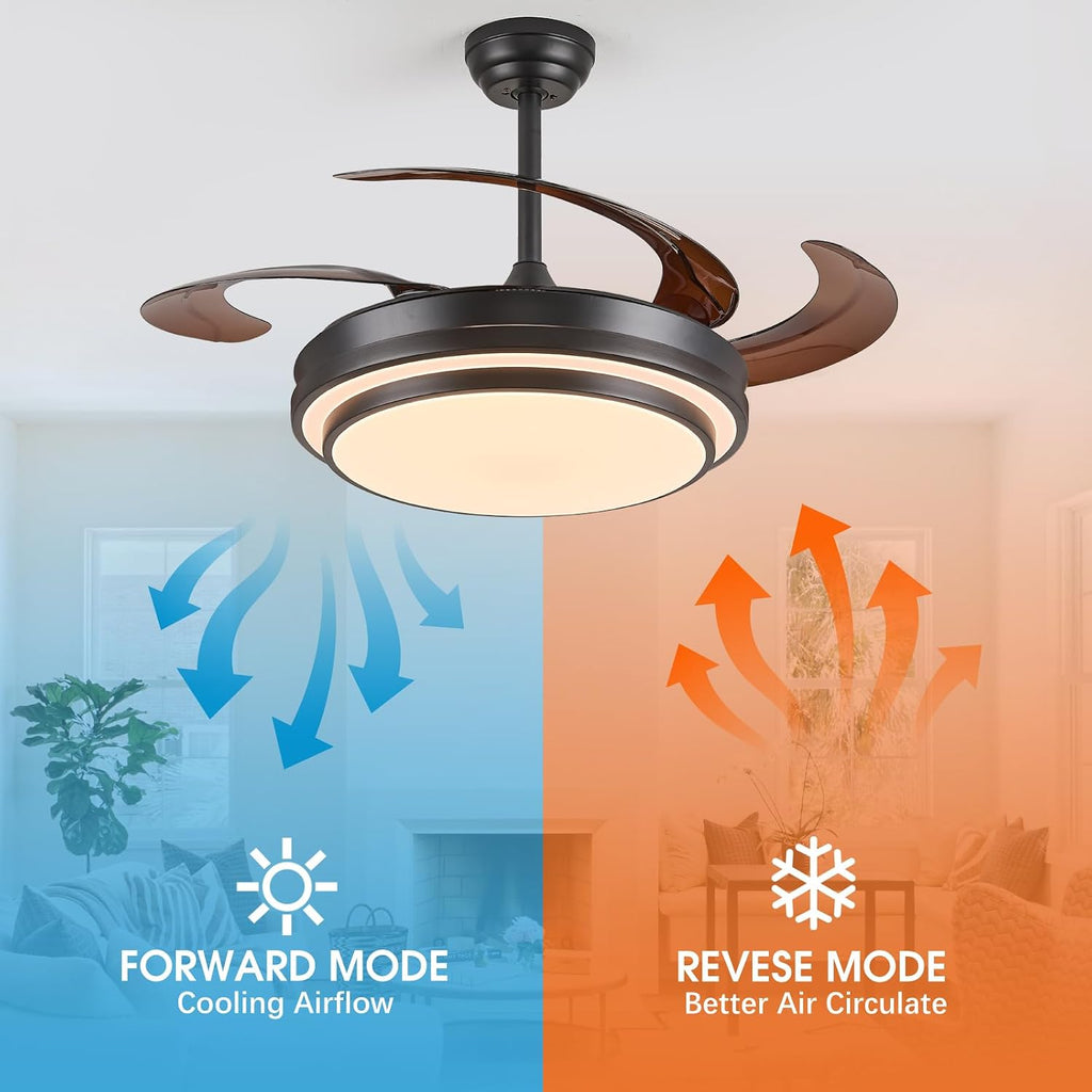 48" Modern Retractable Ceiling Fans with Lights - Black
