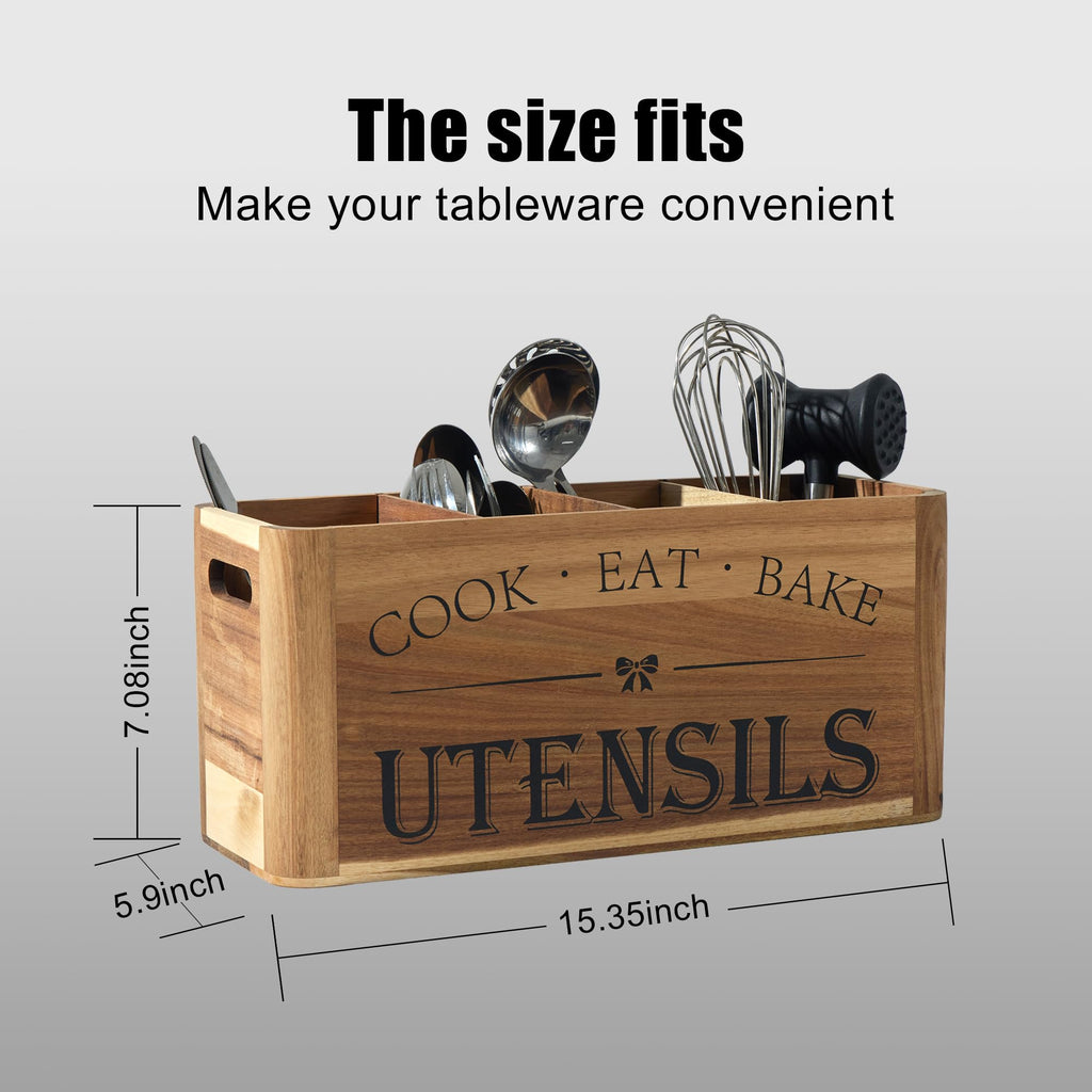 Utensil Holder Countertop - Extra Large 4 Compartment Wooden Organizer in Acacia Wood, Storage for Cooking Tools