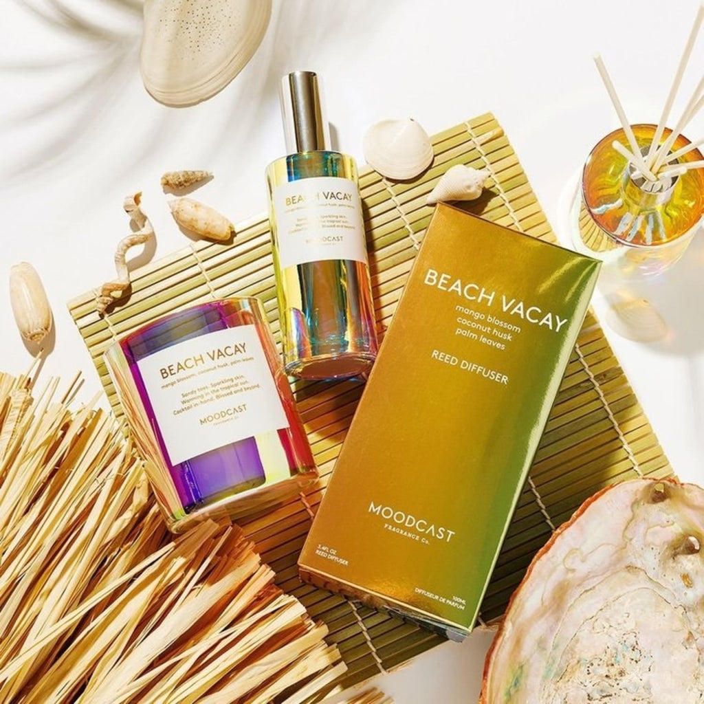 Beach Vacay Reed Diffuser - Luxury Scent Diffuser, Fragrance - Mango Blossom, Coconut & Palm Leaf, 8 Reeds, Clean