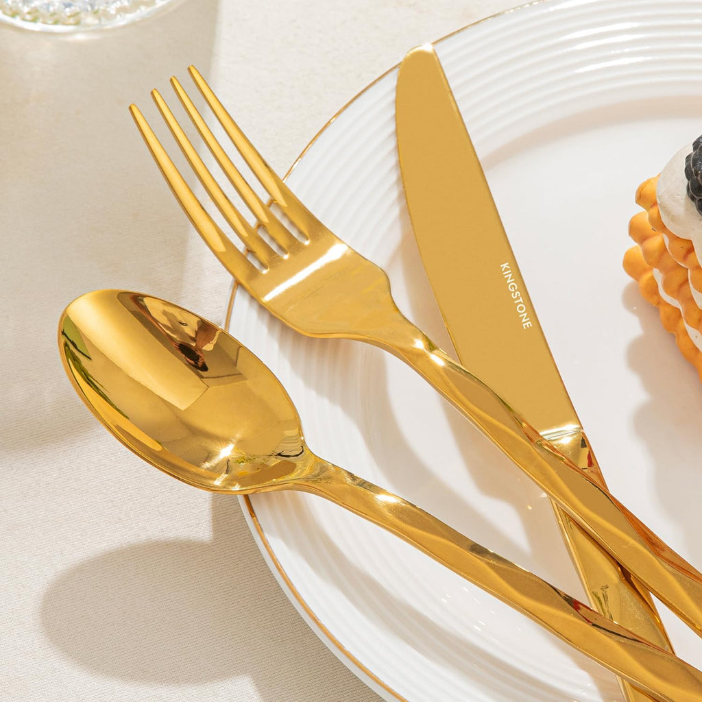 Gold Silverware Set, Luxury 20-Piece Flatware Set for 4, 18/10 Stainless Steel Cutlery Set with Diamond Cut Pattern