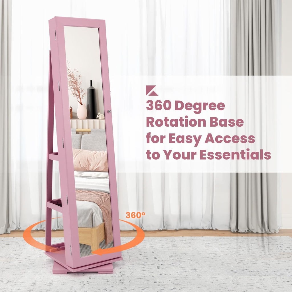 360 Rotating Jewelry Armoire Cabinet, Standing Jewelry Organizer w/Full-Length Mirror & Large Storage Space, Lockable