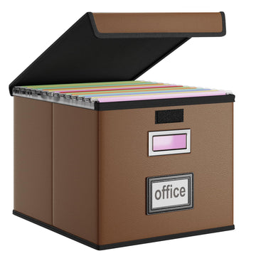 Foldable File Organizer Box with Lids (Brown, Leather)