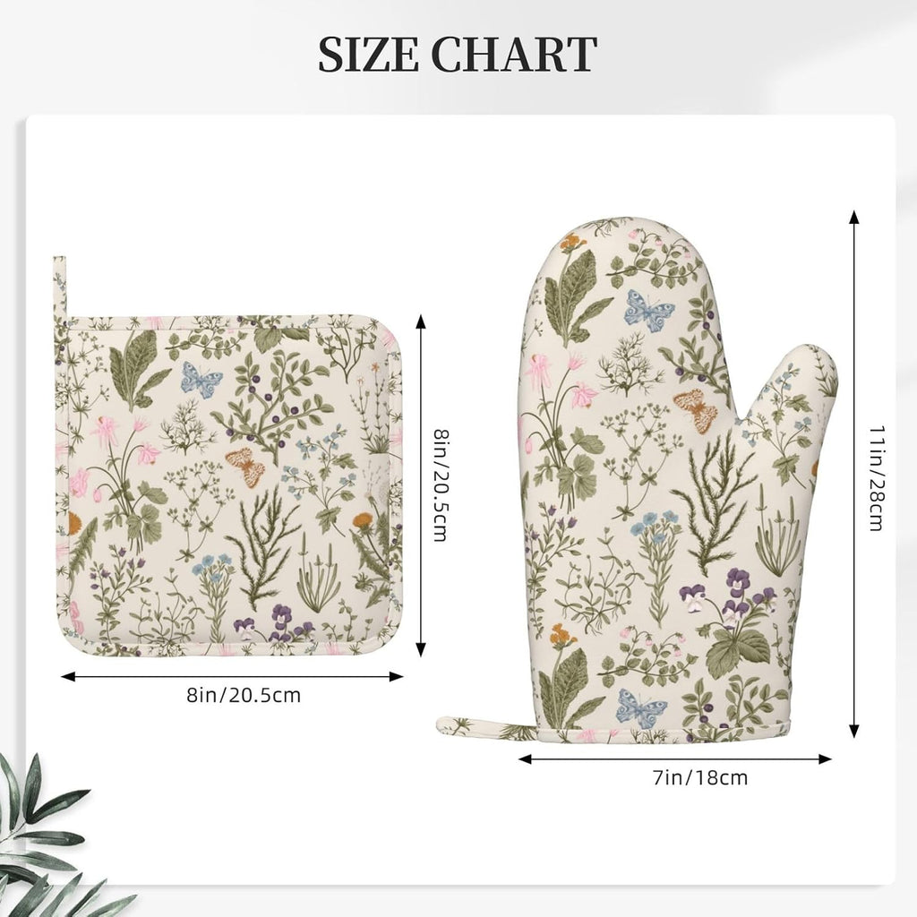 Vintage Wildflower Herbs Floral Rustic Butterfly Oven Mitts and Pot Holders Sets Silicone Kitchen Mitts Potholders