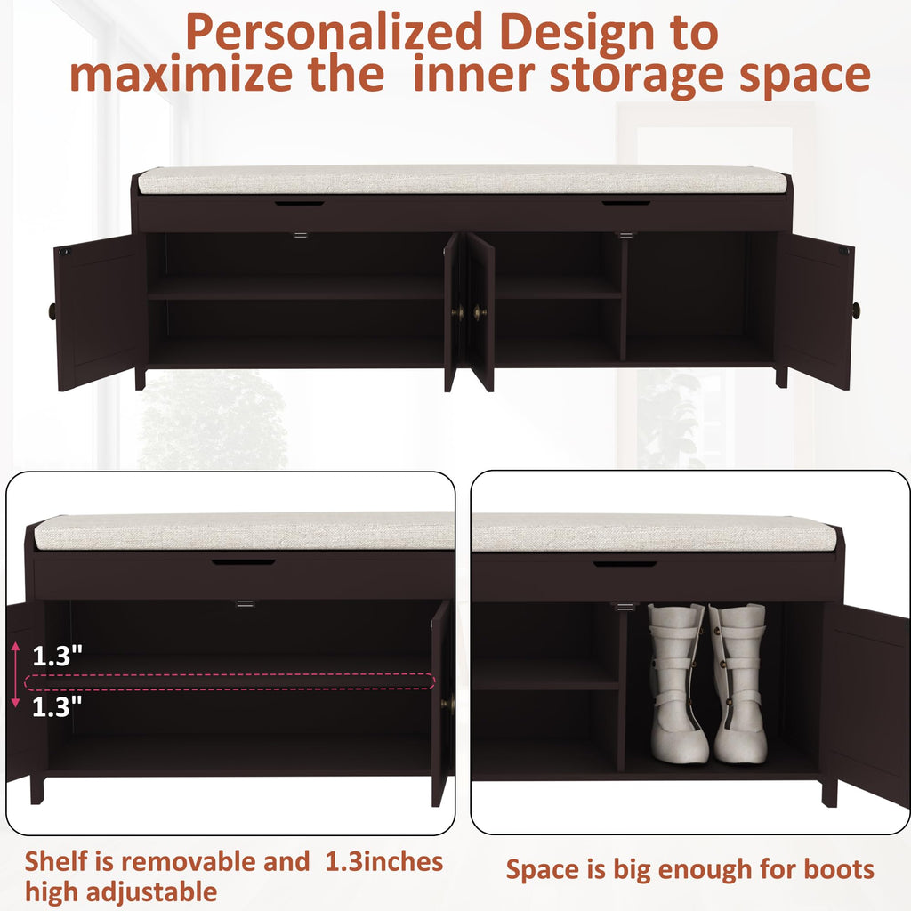 54.4" Shoe Bench with Lift Top Storage, Entryway Bench with Cushioned Seat, Wooden End of Bed Bench, Shoe Cabinet
