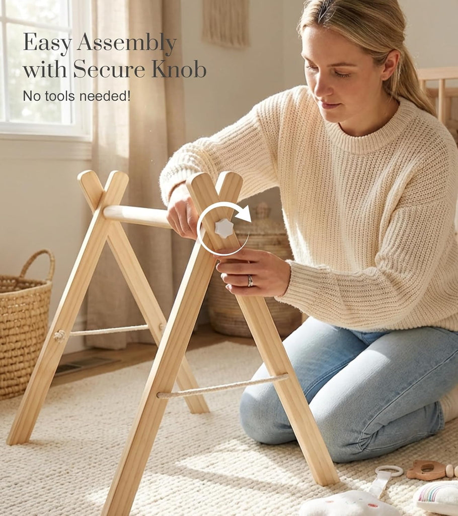 Wooden Baby Gym with 6 Gym Toys, Foldable Baby Play Gym, Natural Pine Wood Play Gym, Frame Activity Center Hanging
