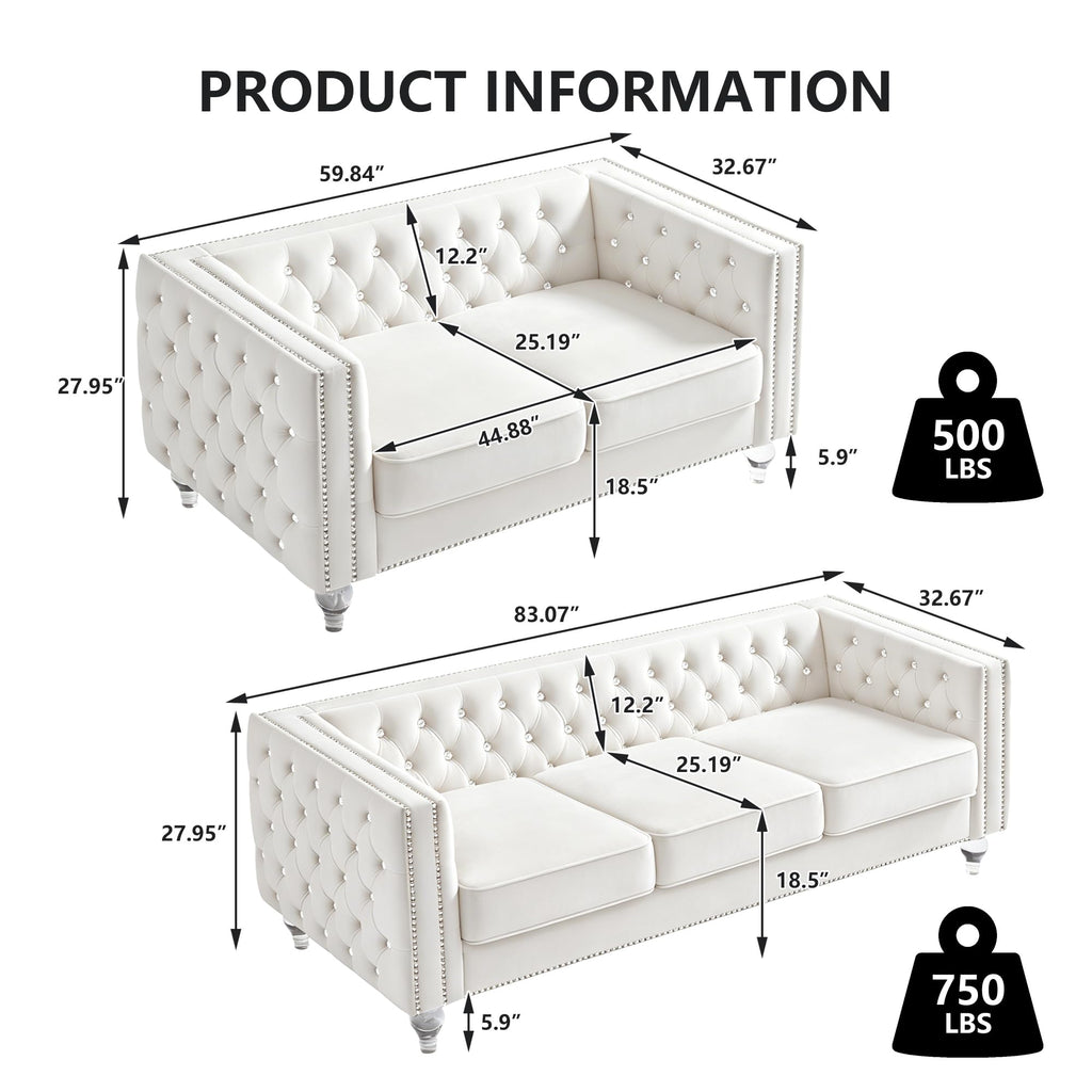 2 Piece Chesterfield Sofa Couch Set, Luxury Crystal Button Tufted Sofas with Silver Nailhead Trim Set of 2, Including