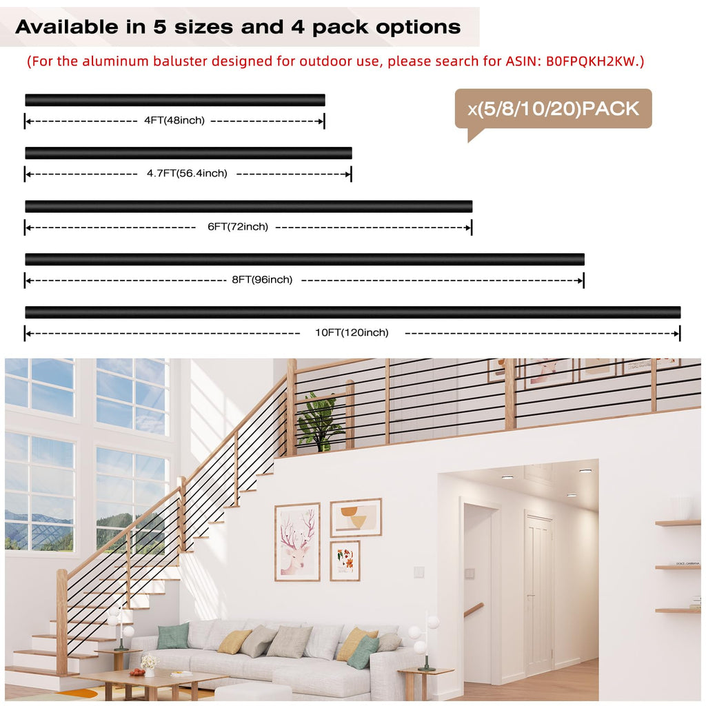 20 Pack 10 ft 5/8 Inch Round Iron Horizontal Stair Balusters, Black