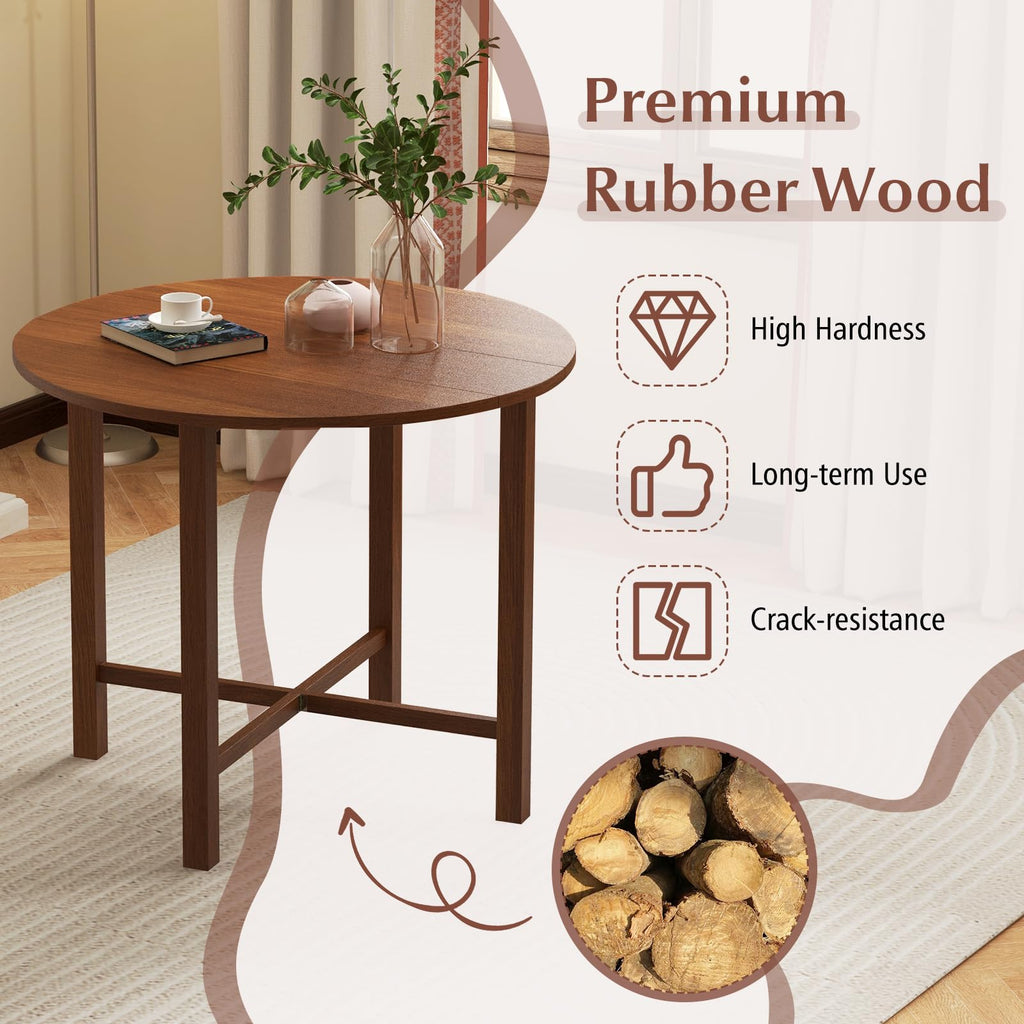 36" Folding Dining Table for 2-4, Extendable Drop Leaf Kitchen Table with Solid Rubber Wood Frame, Space-Saving Round