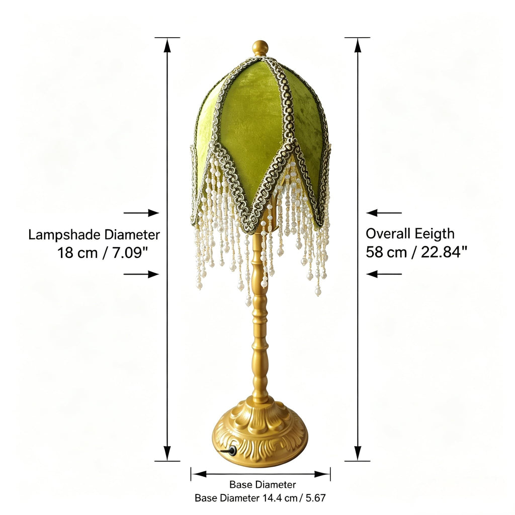 Vintage Tasselled Table Lamp with Beaded Shade, Green and Gold