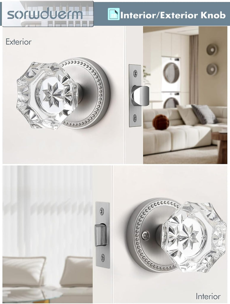 Door Knob Brushed Nickel Passage Crystal Glass Interior 1 Pack