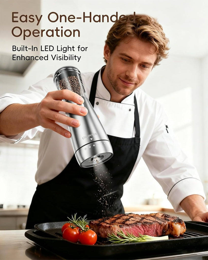 Electric Salt and Pepper Grinder Set - Automatic Stainless Steel Rechargeable Salt and Pepper Grinder Set - Set of 2