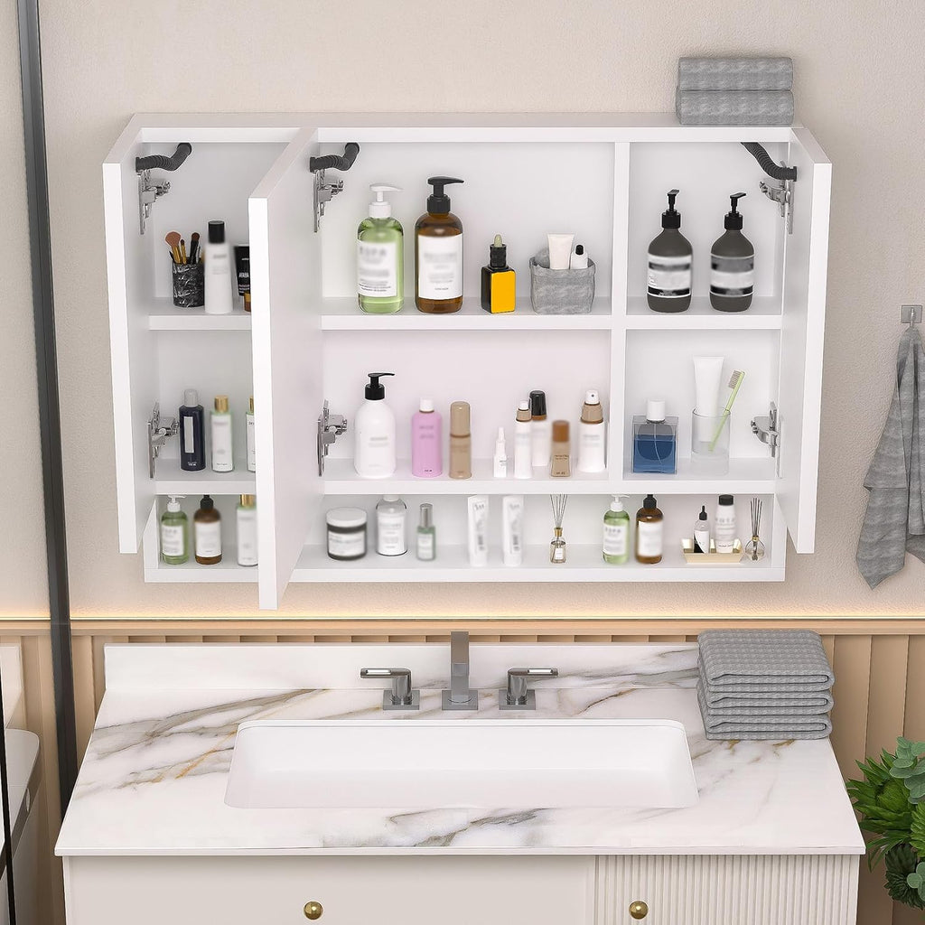 LED Medicine Cabinet with Mirror, 3-Color Dimmable Lighting & Anti-Fog, 2-Tier Hidden Storage + Open Shelf, Aluminum