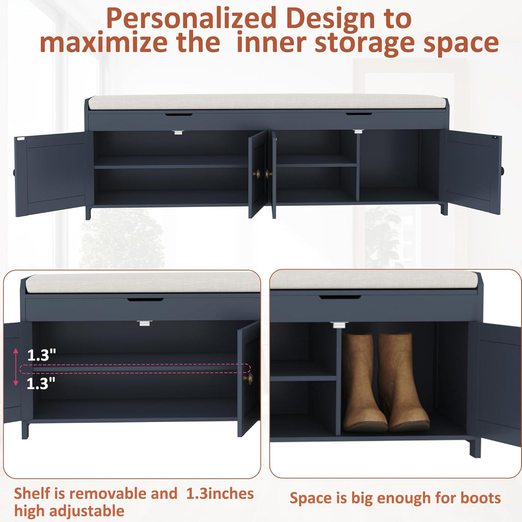 54.4" Shoe Bench with Lift Top Storage, Entryway Bench with Cushioned Seat, Wooden End of Bed Bench, Shoe Cabinet