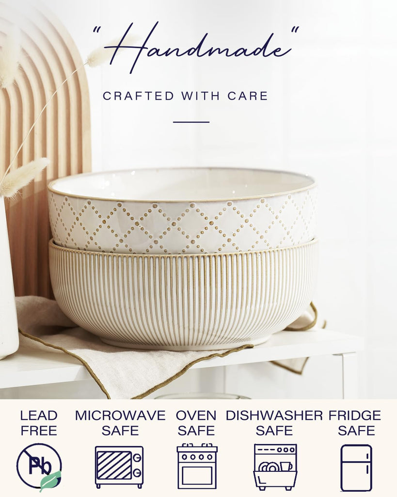 Large Serving Bowls (9.5 inch & 92 fl oz), Ceramic Salad Bowl Set of 2, Microwave and Dishwasher Safe