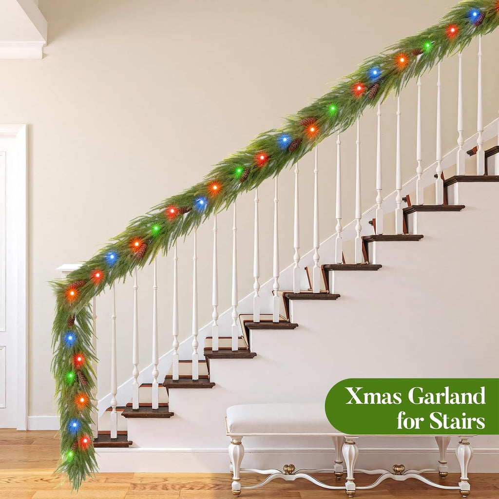 9FT Norfolk Pine Garland with Lights, Lighted Christmas Garland with Timer & 8 Lights Modes- Prelit Battery Operated