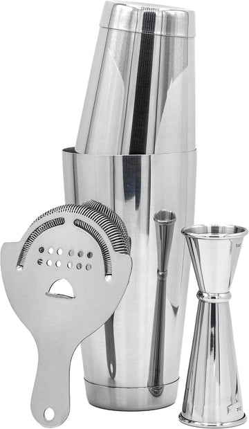Professional Cocktail Shaker Set Bartending Kit: Weighted Boston Shaker Tins, Hawthorne Strainer and Japanese Jigger - Set of 4