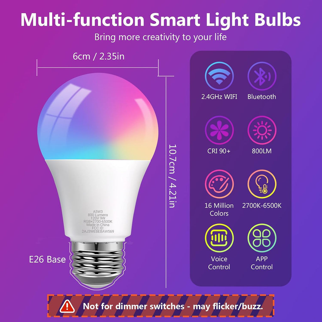 Smart Light Bulbs, RGBCW Color Changing Smart Bulb Compatible with Alexa & Google Home,Preset Scene, Music Sync, A19