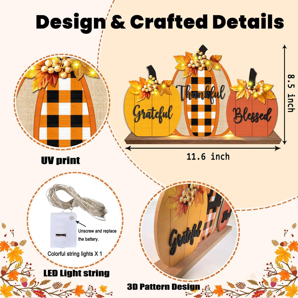 Fall Pumpkin Table Sign with LED Lights, Blessed Grateful Thankful Rustic Farmhouse Decor, Thanksgiving Harvest - Set of 3