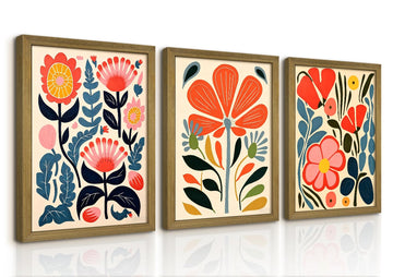 Framed Boho Colorful Floral Canvas Wall Art Set of 3, Mid Century Abstract Flower Print Picture, Scandinavian Folk