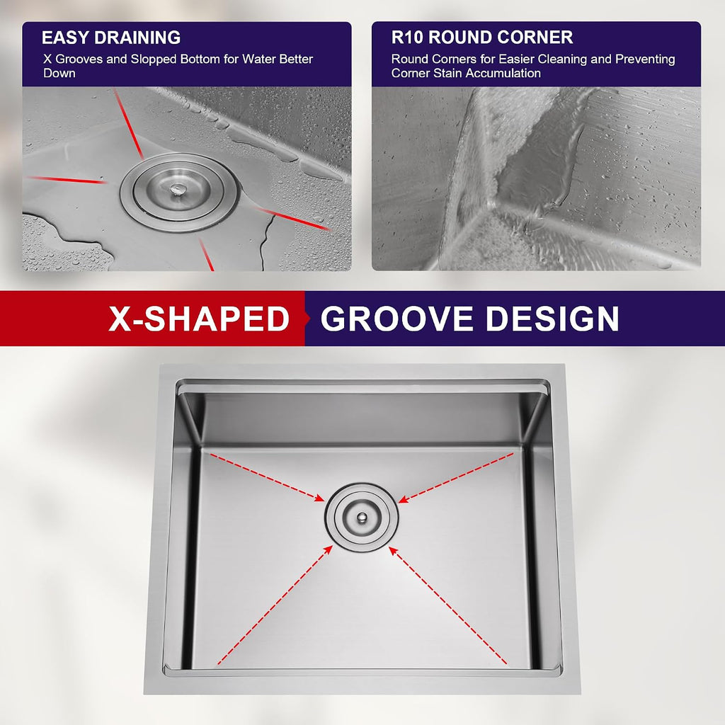 23 Inch Undermount Single Bowl Workstation Handmade Kitchen Sink | 304 Stainless Steel, 16 Gauge Thickness, X Line