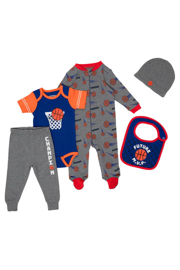 5-Piece Layette Sport Set Gift Bundle for Babies & Infants | (Basketball, )