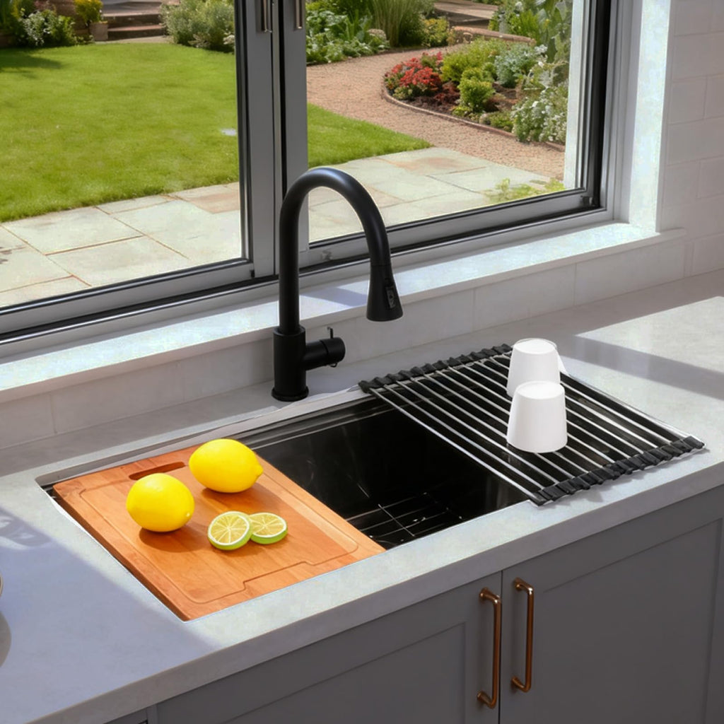 32 Inch Black Undermount Kitchen Sink Workstation, 32x18 Inch Large Outdoor Single Bowl Prep Sink, Stainless Steel