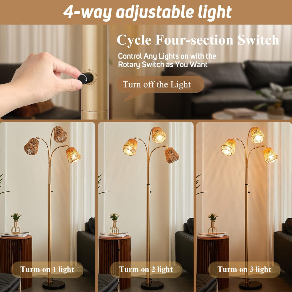 Gold Rattan Floor Lamp, 72'' 3-Light Boho Lamp