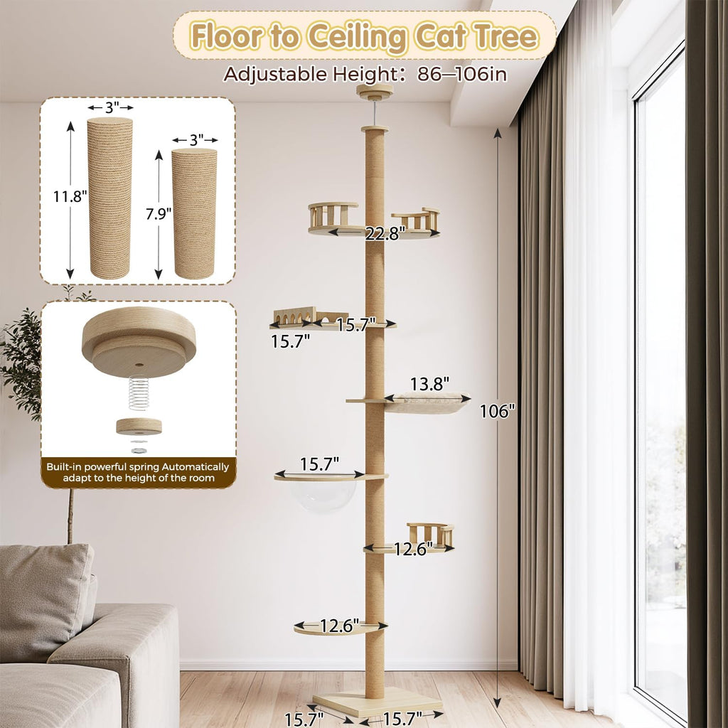 Cat Tree, Floor to Ceiling Cat Tree Height (86-106 in) Adjustable Cat Tower 6 Tier Hemp Scratching Post Cats Activity