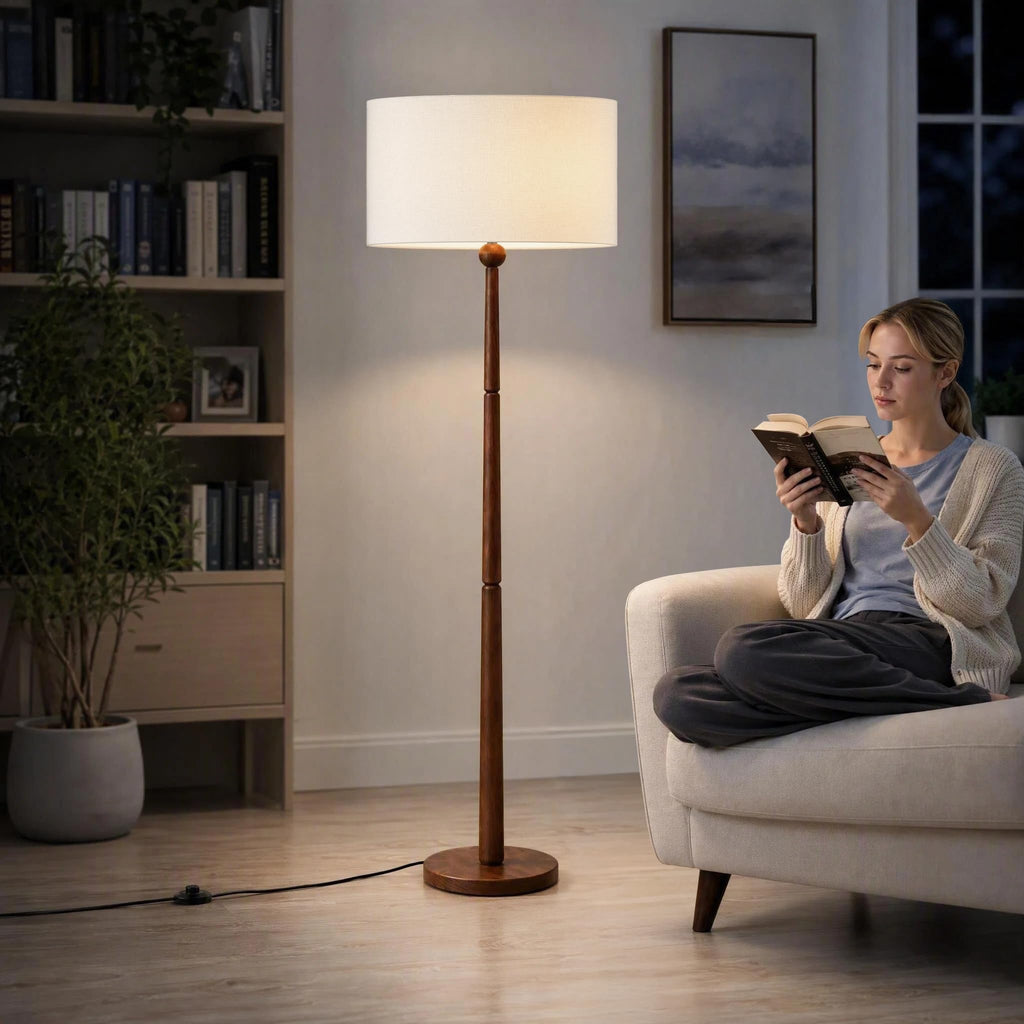 65 Inch Single Ball Walnut Wood Floor Lamp with Linen Shade, Cream