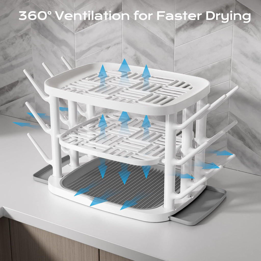 Baby Bottle Drying Rack,3-Tier Large Capacity Countertop Organizer with 360° Ventilation, Removable Drip Tray