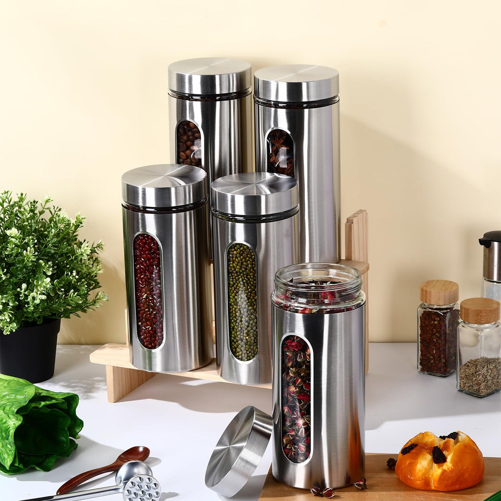9 Pack 44 oz Airtight Stainless Steel Kitchen Canisters, Silver