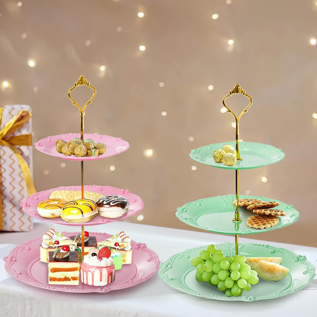Tier Plastic Cupcake Stand, Dessert Plates Cake Fruit Candy Display Tower Reusable Pastry Platter - Set of 3