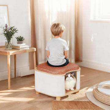 Multi-Functional Wooden Cat Cabinet, Cat Bed with Scratch Pad & Rattan Cushion, Hidden Cat Cave & Ottoman Stool