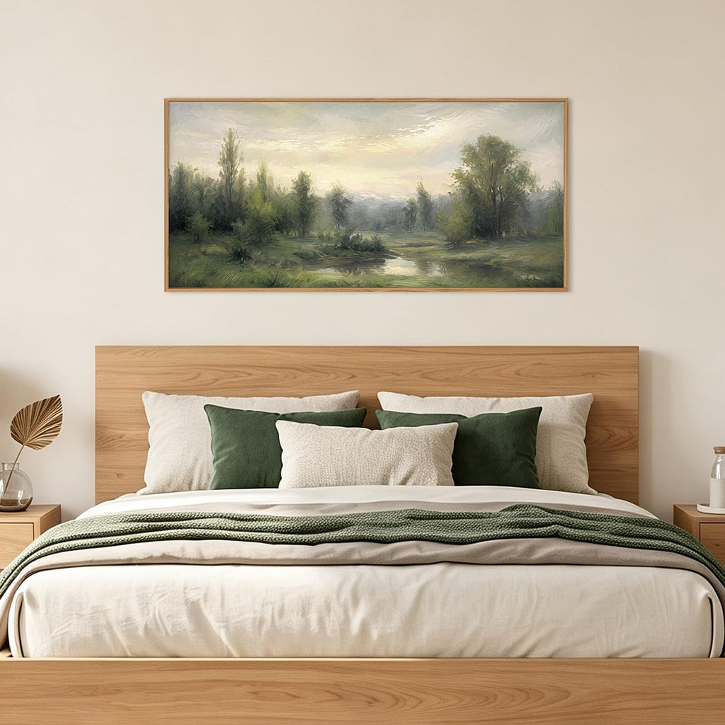 Abstract Monet Forest Canvas Wall Art 40x20 Inch Vintage Framed Sage Green Nature Painting Textured Neutral Woodland