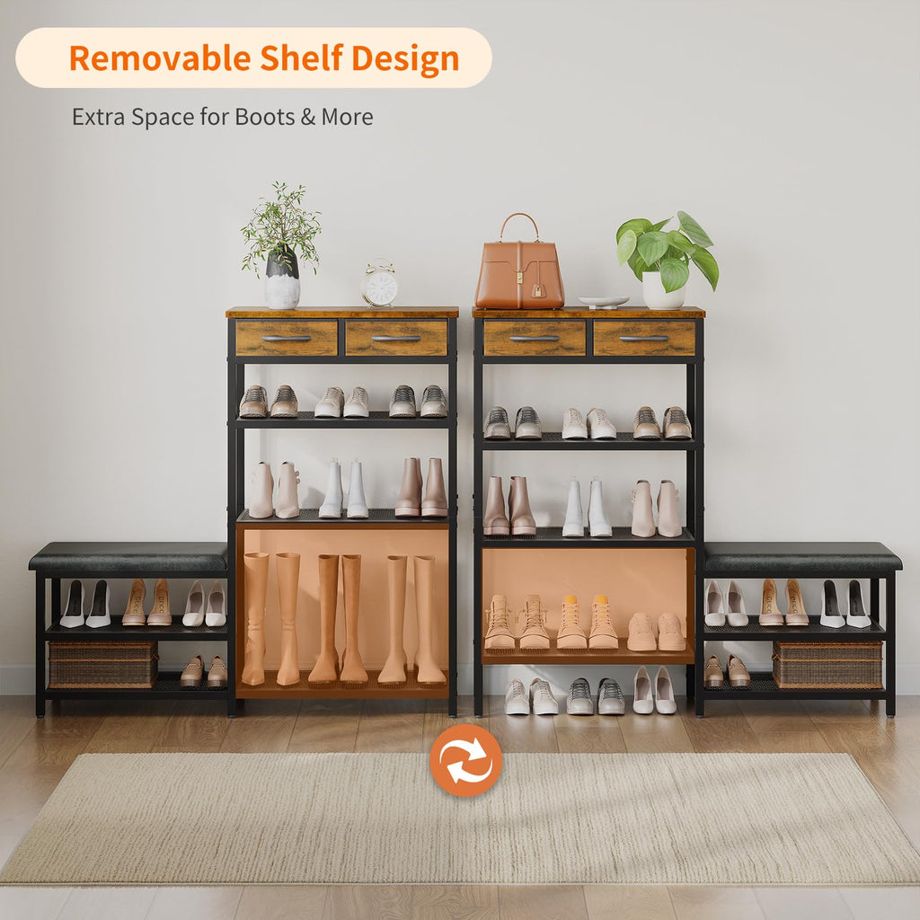 Shoe Rack Bench Shoe Rack, Cushioned Entryway Shoe Storage with 2 Drawers & 5-Tier Organizer, Metal Frame Wood Top