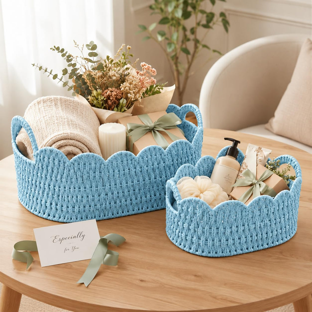 Set of 2 Paper Rope Scalloped Baskets, Small Wicker Baskets for Gifts, Blue