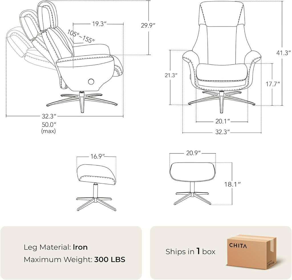 Modern Reclining Swivel Lounge Chair and Ottoman — Grey Genuine Leather