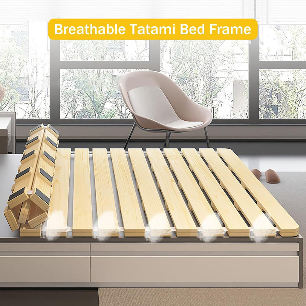 Foldable Wood Floor Bed Frame, Solid Pine Platform with Slats, Space Saving Tatami Style for Small Rooms, Easy