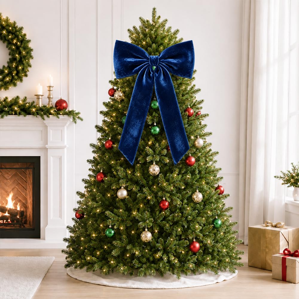 Large Velvet Christmas Tree Topper Bow Ornament (Navy Blue)