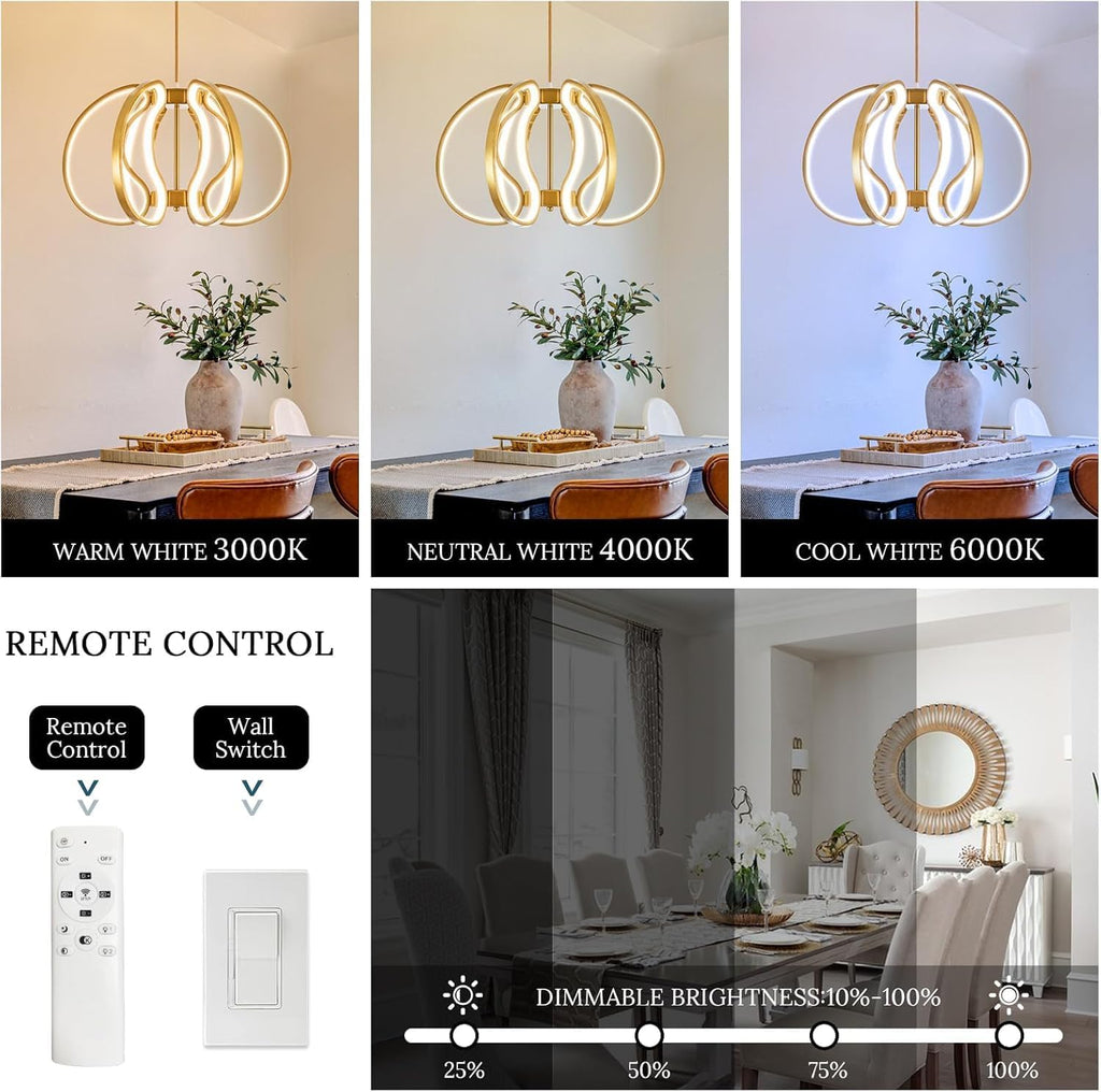 Modern Gold Chandelier with Remote Control, 69W 3-Color Temperature Dimmable LED Chandelier for Dining Room, Hanging