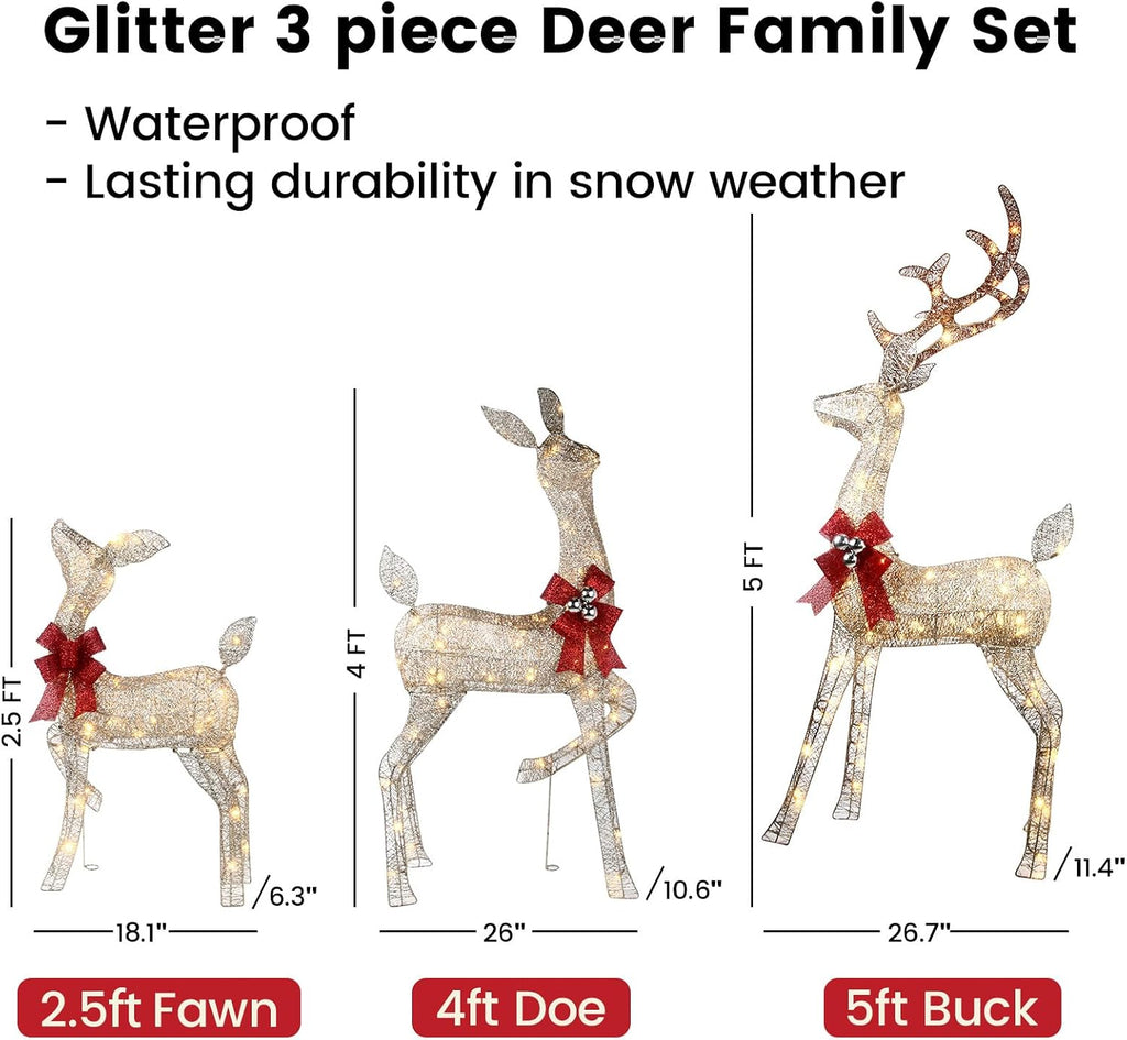 3D Christmas Reindeer Outdoor Decorations - 3 Pieces Set of Gold LED Deer Family with 240 Warm Lights - 5ft Buck &