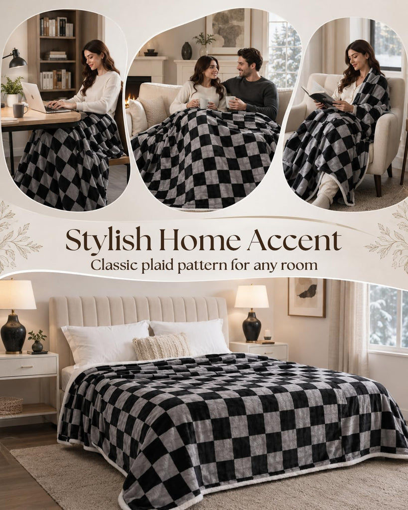 Heated Blanket Throw Size, Plaid Electric Heating Blanket Grey&Black